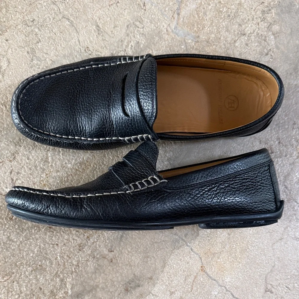 Austen Heller Black Pebble Leather Penny Loafers with Tan Insole